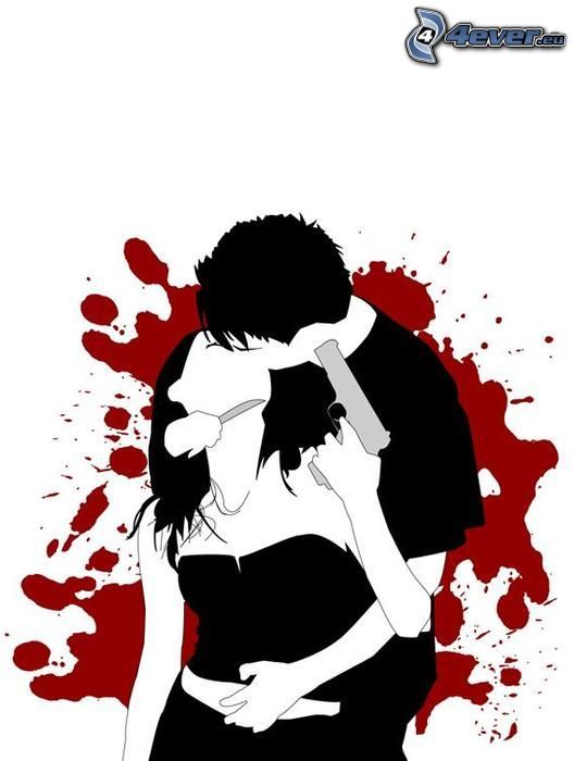 suicide, cartoon couple, kiss, blood