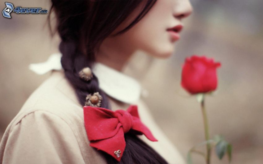 girl, ribbon, red rose, black hair