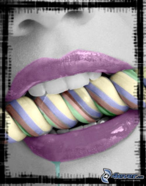 lollipop in mouth, purple lips, white teeth