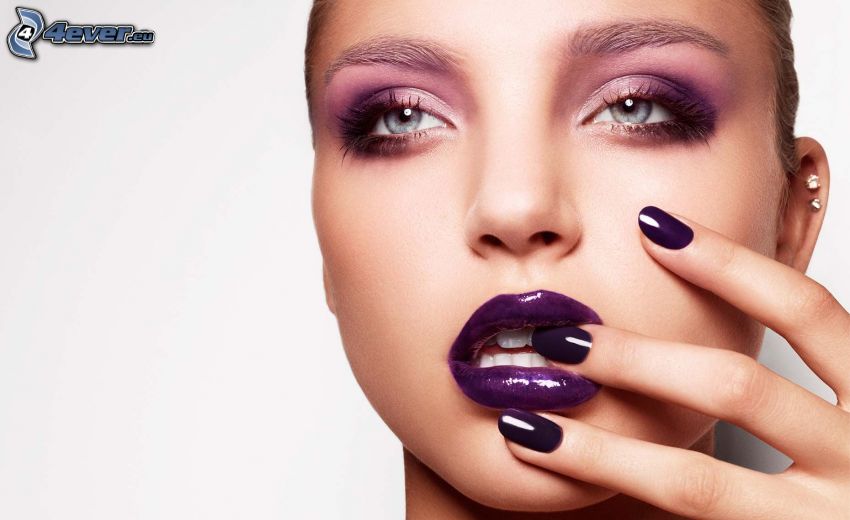 make up woman, purple lips, painted nails