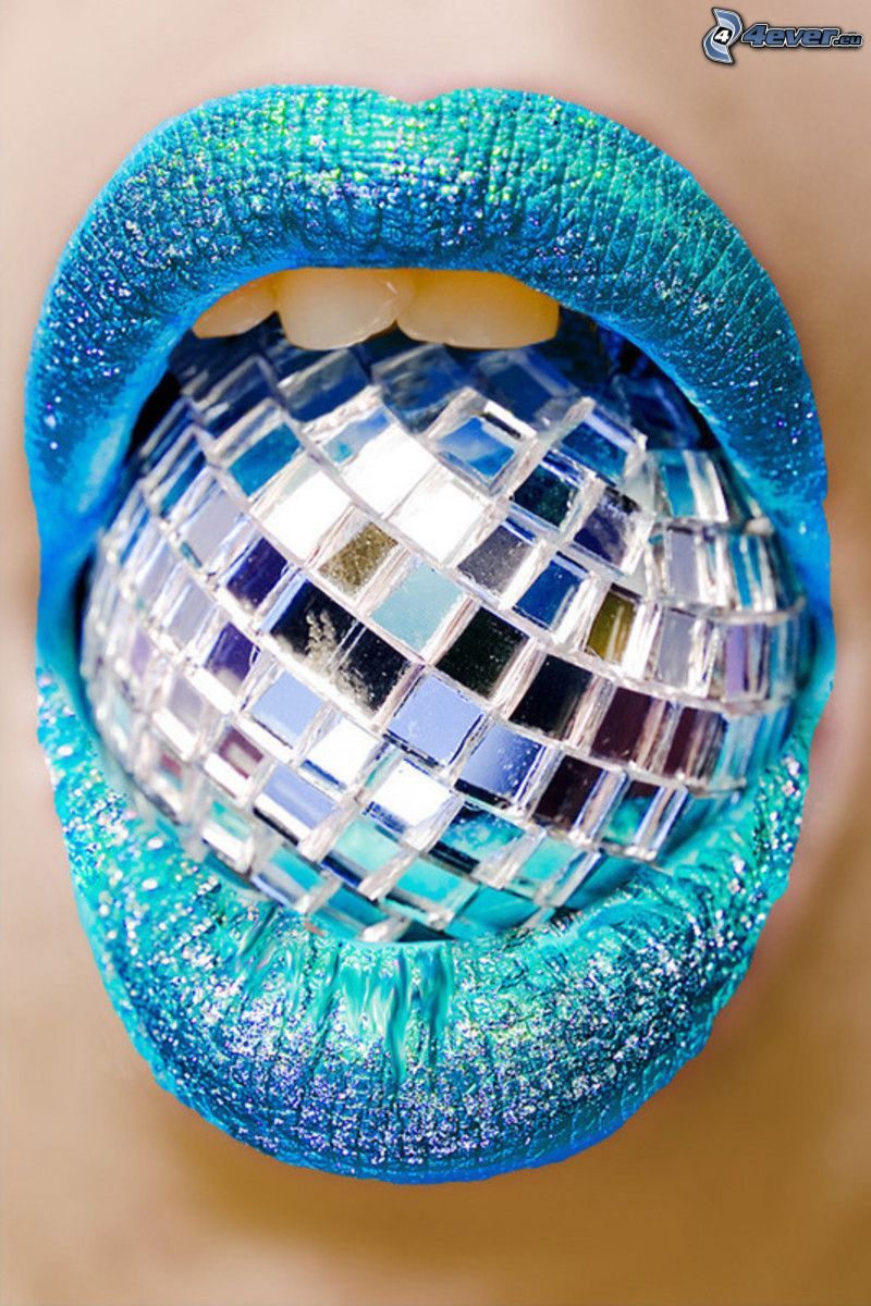 mouth, disco ball, turquoise color