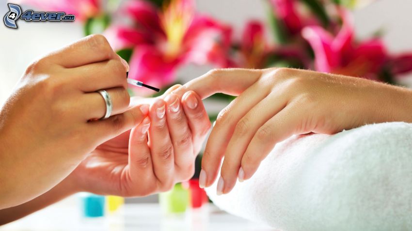painting nails, towel, pink flowers