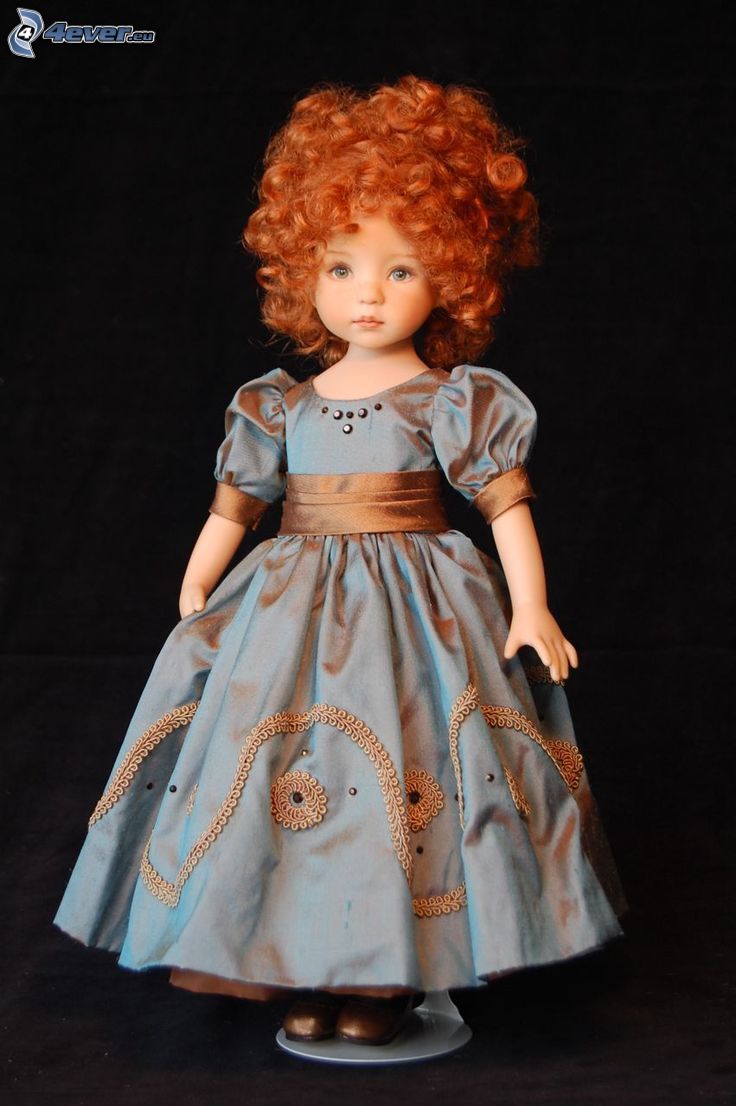porcelain doll, blue dress, redhead