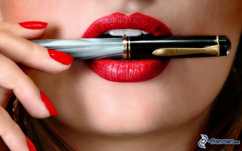 red lips, pen, painted nails