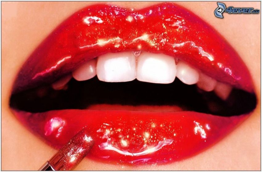red lips, teeth, lipstick