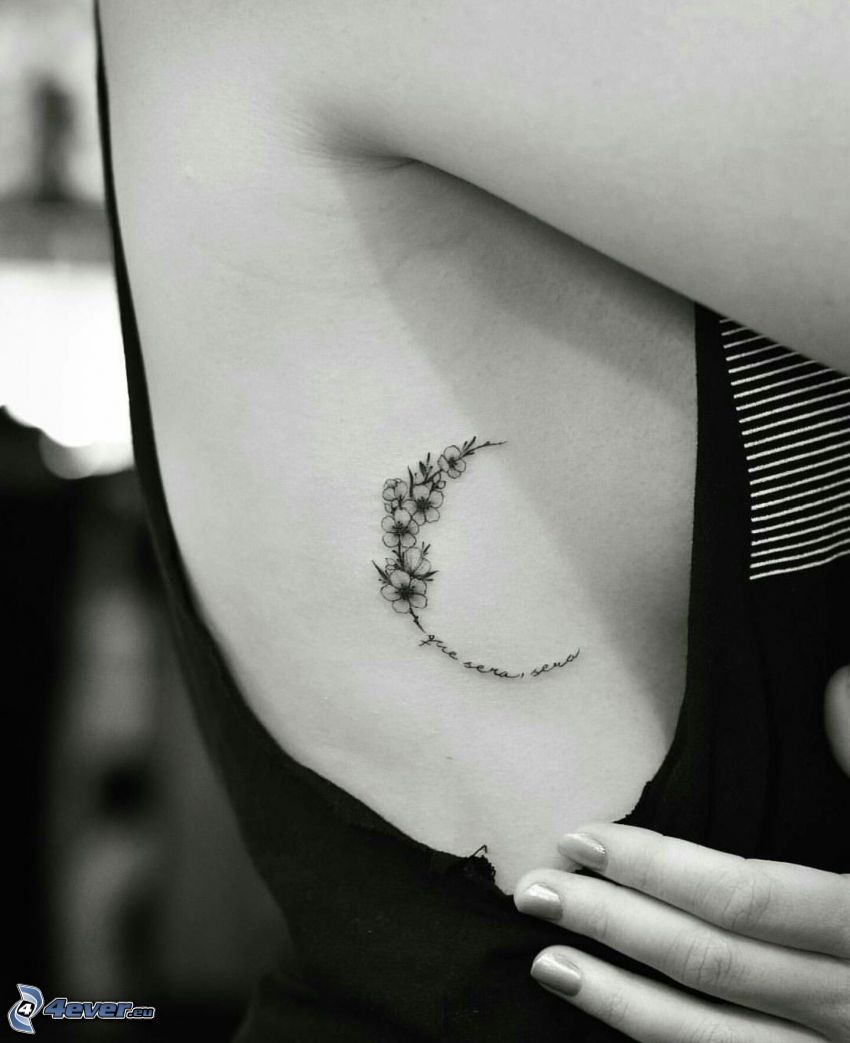tattoo, flowers, black and white photo