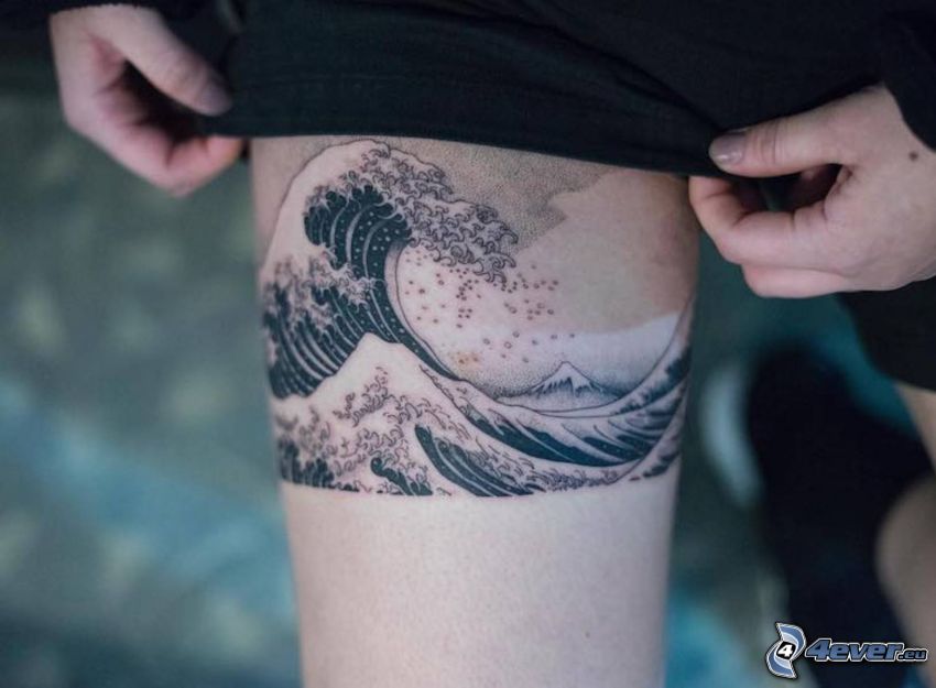 tattoo, wave, mountain