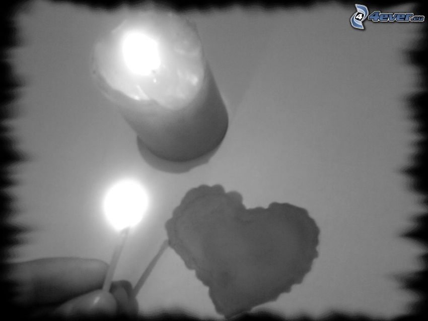 candle, heart, match, flame