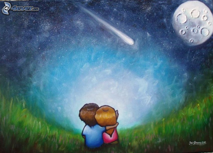 cartoon couple, moon, night sky