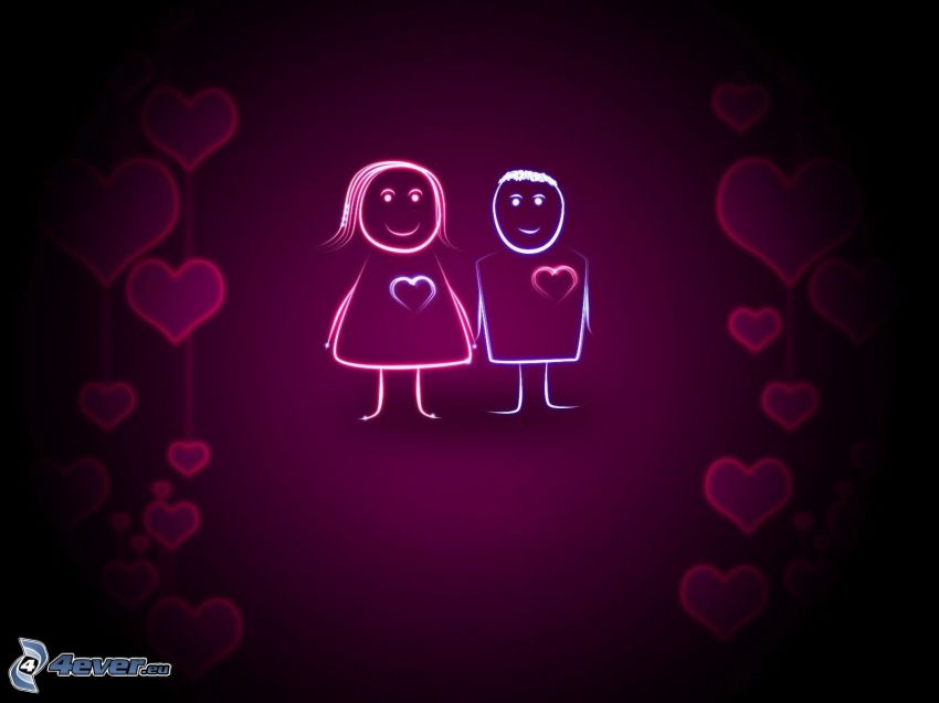 cartoon couple, purple background, hearts