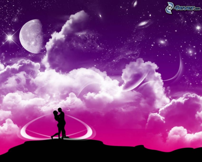 cartoon couple, silhouette of couple, clouds, moon, digital art