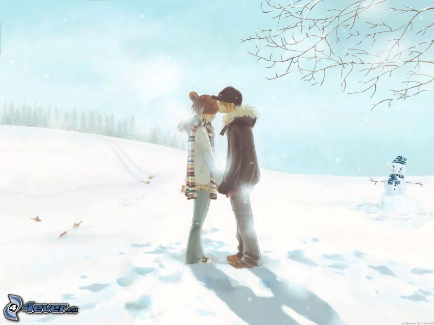 cartoon couple, snow