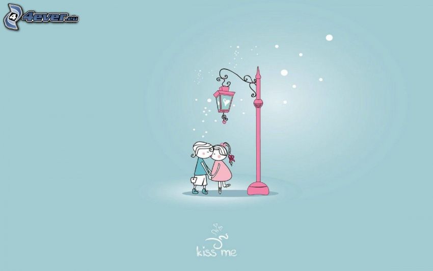 cartoon couple, street lamp, Kiss me!
