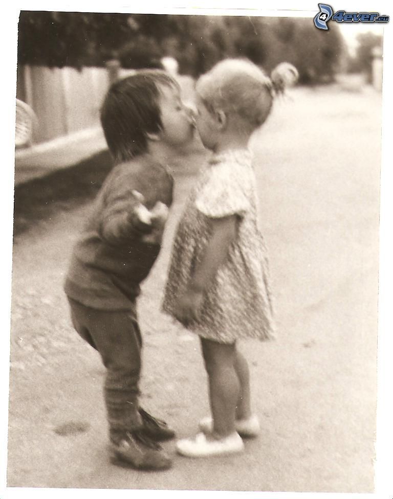 children kiss, children, black and white photo