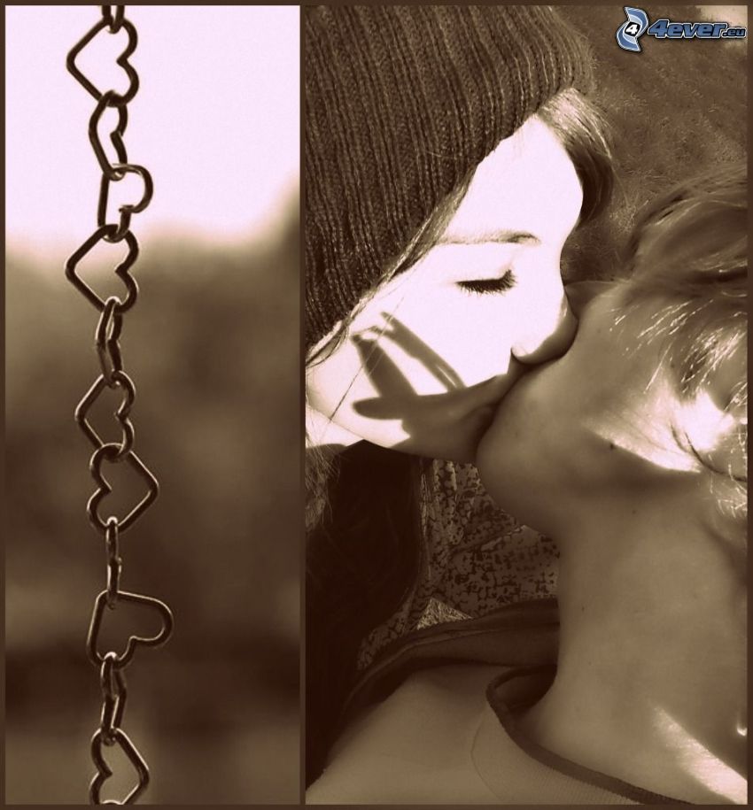 couple, chain, kiss, hearts, bracelet