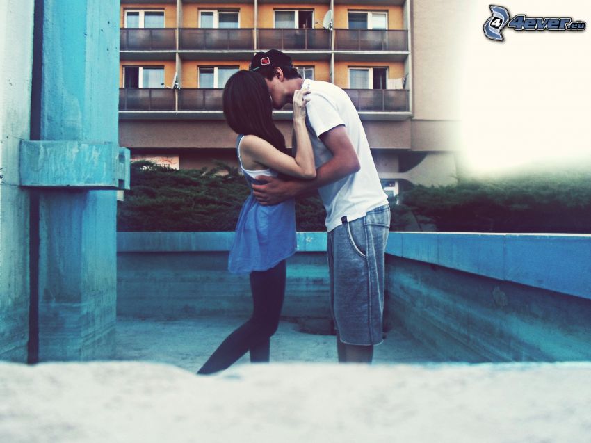 couple, kiss, block of flats