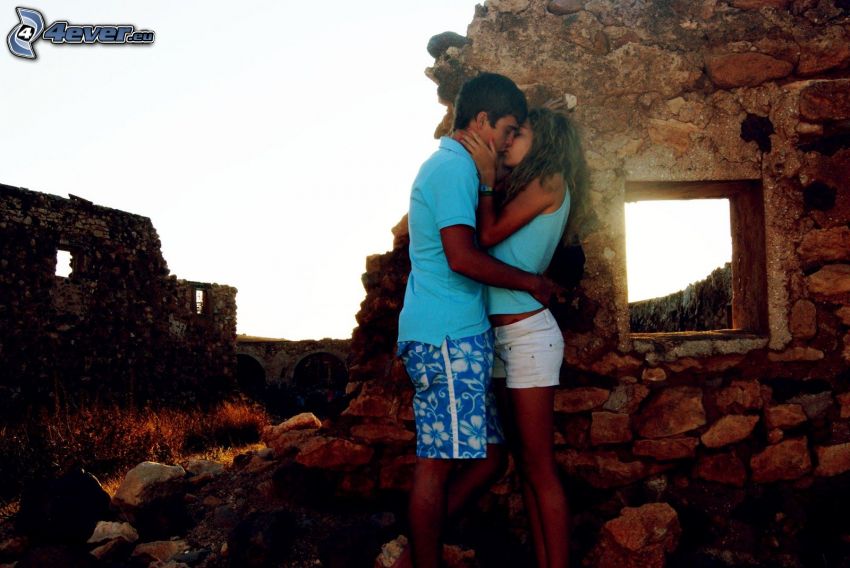 couple, kiss, ruins, window