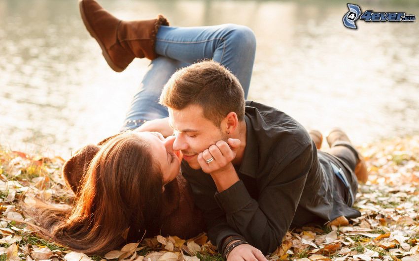 couple, mouth, autumn leaves