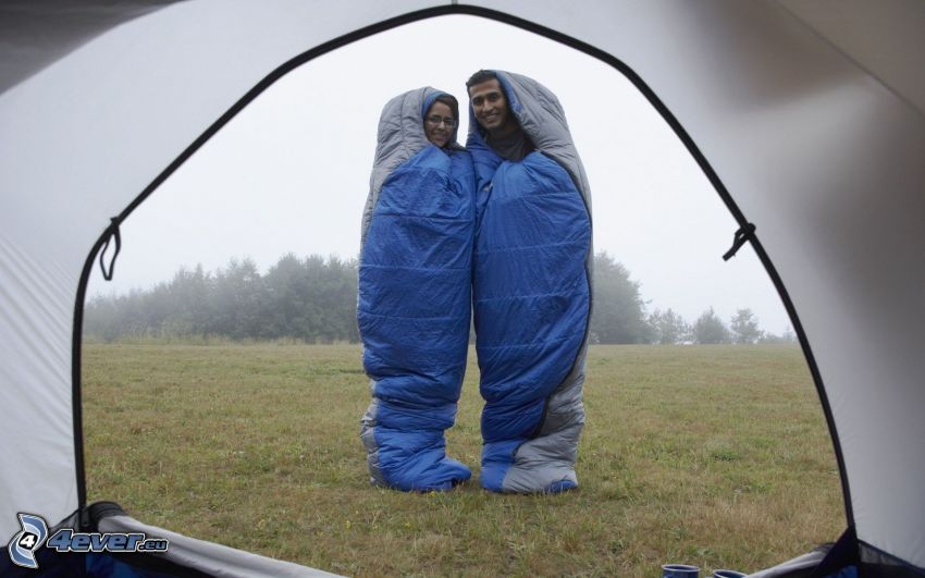 couple, sleeping bags, tent, meadow