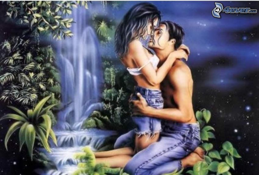 couple in the woods, flying kiss, foreplay, waterfall