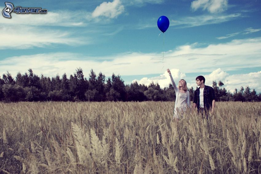 couple on field, forest, balloon