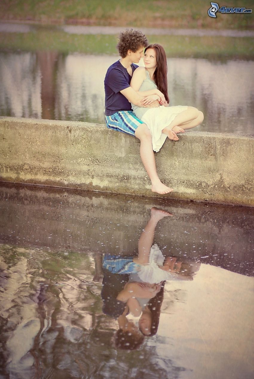 couple on the wall, love, romance, water, reflection