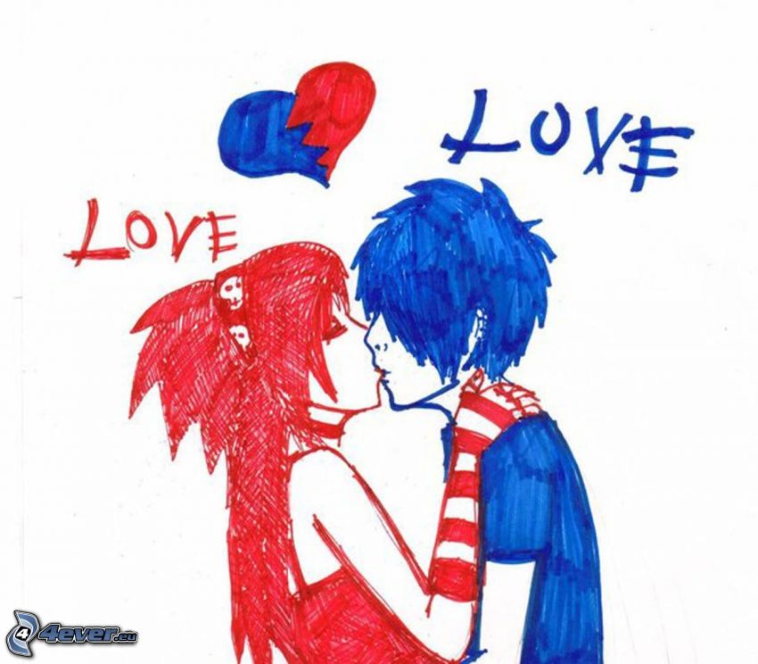 emo love, cartoon couple, heart, love