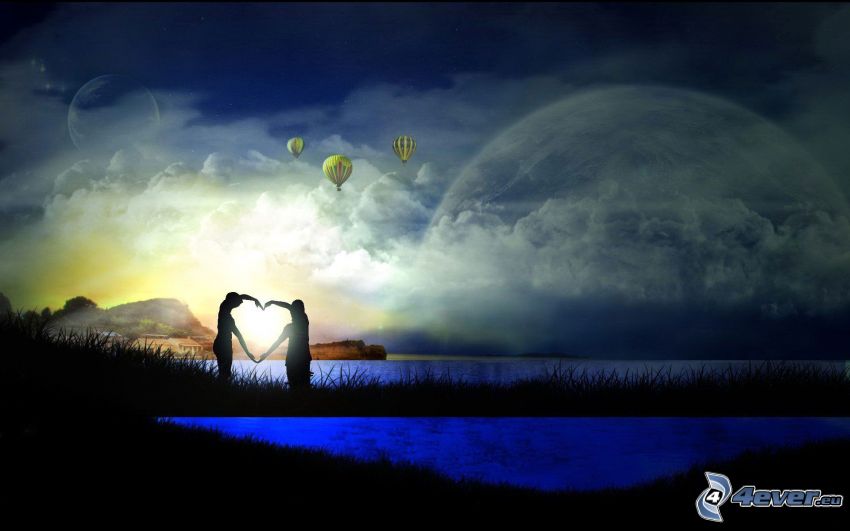 heart of the hands, silhouette of couple, lakes, moon, digital art