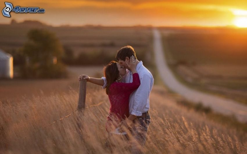 kiss in field, road, sunset