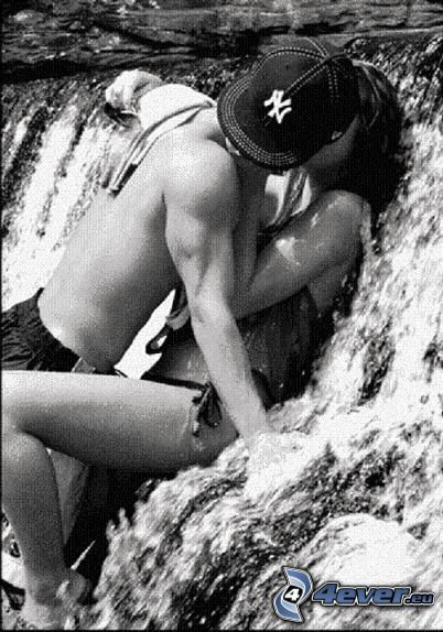 romantic kiss, couple in water, waterfall, love