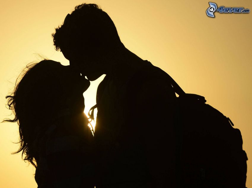 silhouette of couple, mouth, sun