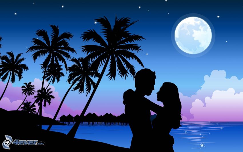 silhouette of couple, palm trees, moon