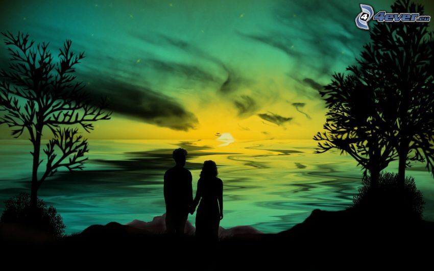 silhouette of couple, sunset behind the sea, cartoon