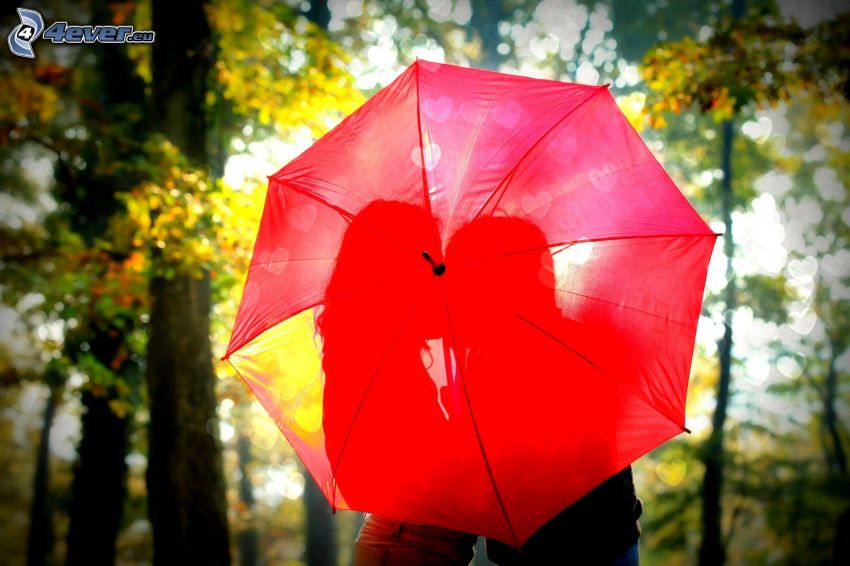 umbrella, silhouette of couple, hearts