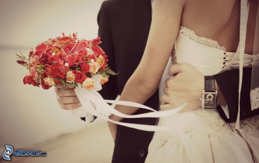 wedding couple, wedding bouquet