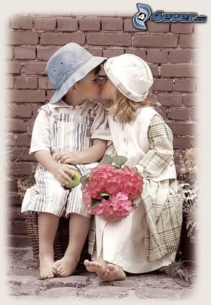 Young wedding, children kiss, bouquets, love