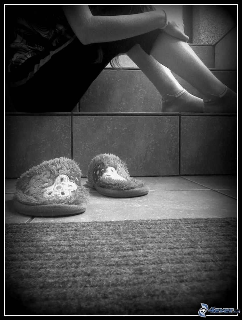 girl on the stairs, sadness, slippers