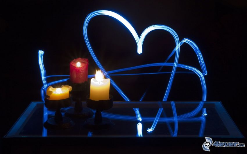 candles, blue hearts, lightpainting
