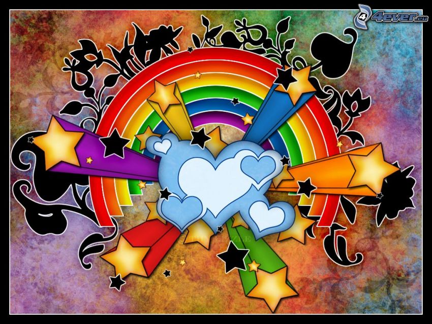 cartoon hearts, color rainbow