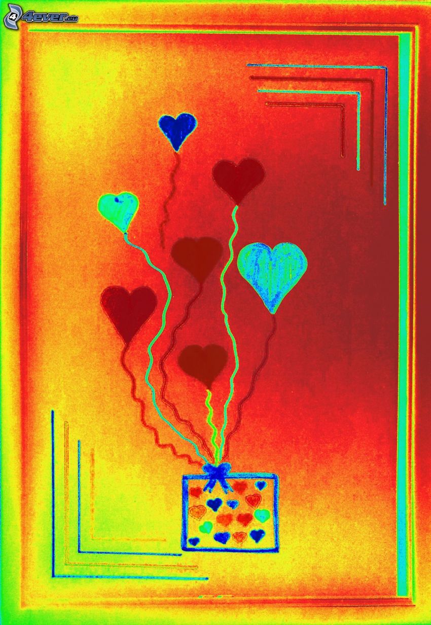 colorful hearts, balloons, drawing