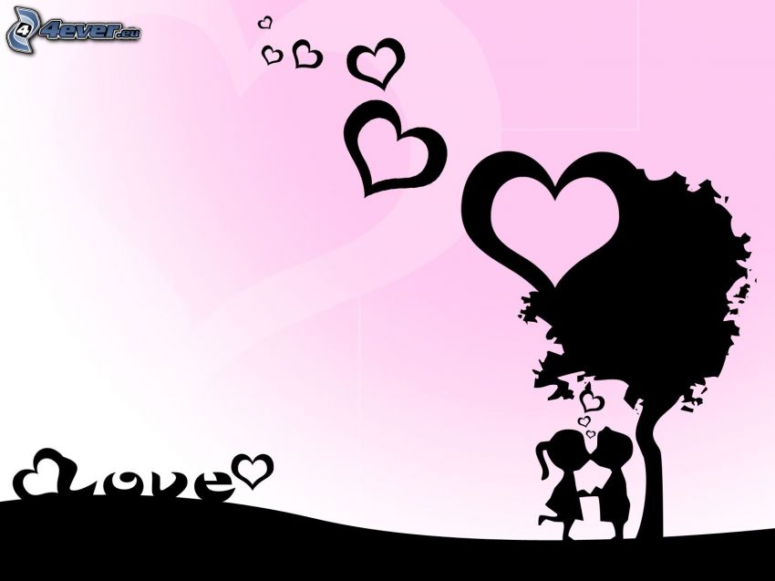 couple under the tree, cartoon couple, silhouette of couple, hearts, love