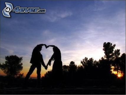 heart of the hands, silhouette of couple, forest after sunset