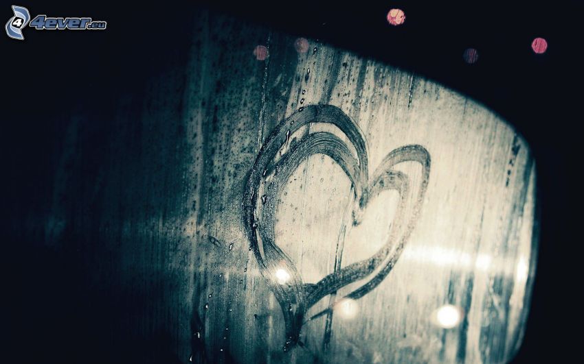 heart on the window, dewy glass