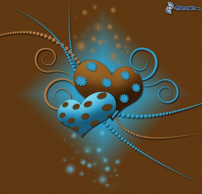 hearts, flowers, balls, brown background