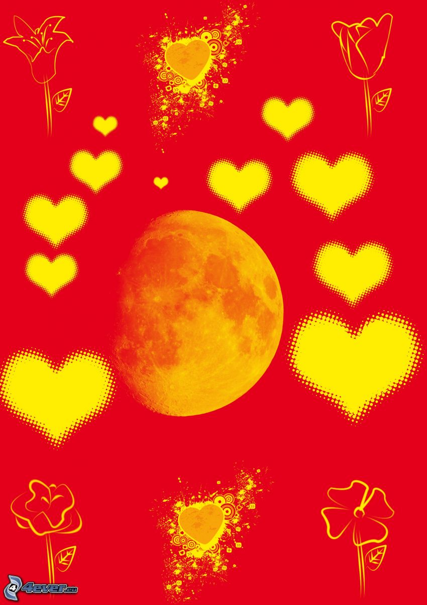 hearts, orange Moon, cartoon flowers