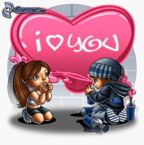 I <3 U, heart, graffiti, love, cartoon couple