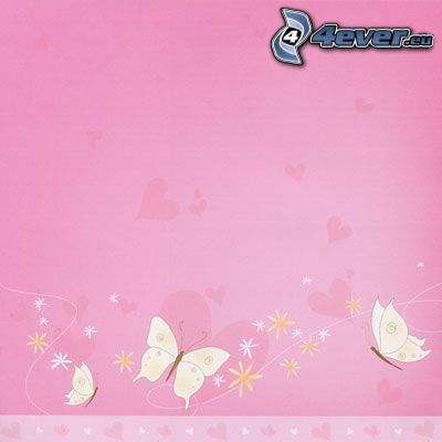 pink background, butterflies, hearts