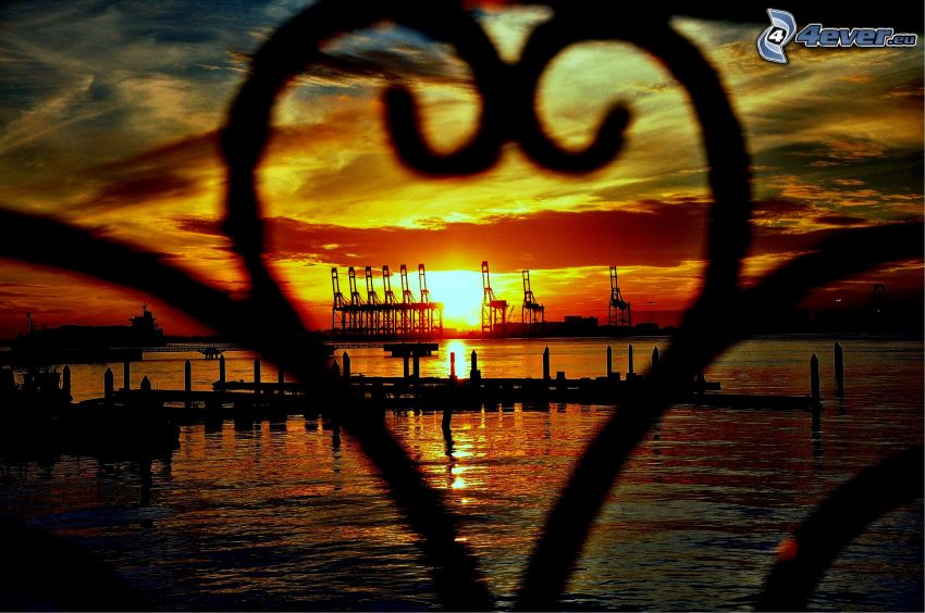 sunset in the port, fence, heart