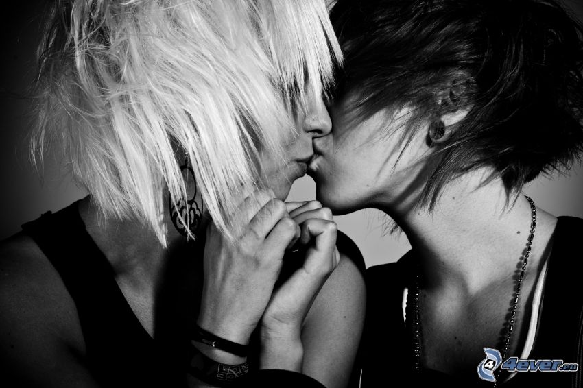 lesbians, kiss, black and white photo