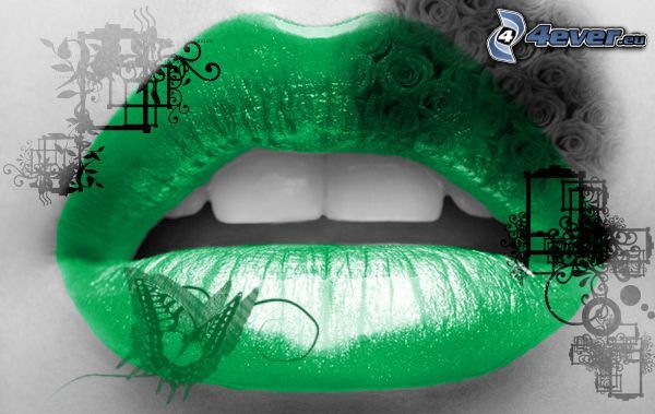lips, white teeth, green